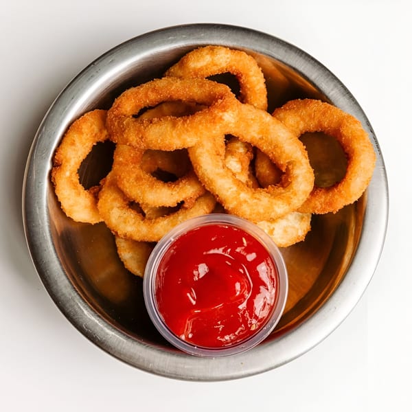 A metal bowl filled with golden-brown onion rings and a small cup of ketchup.