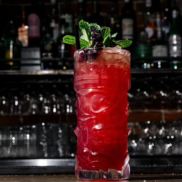 A vibrant red cocktail in a tiki glass, garnished with mint and berries, on a bar counter.