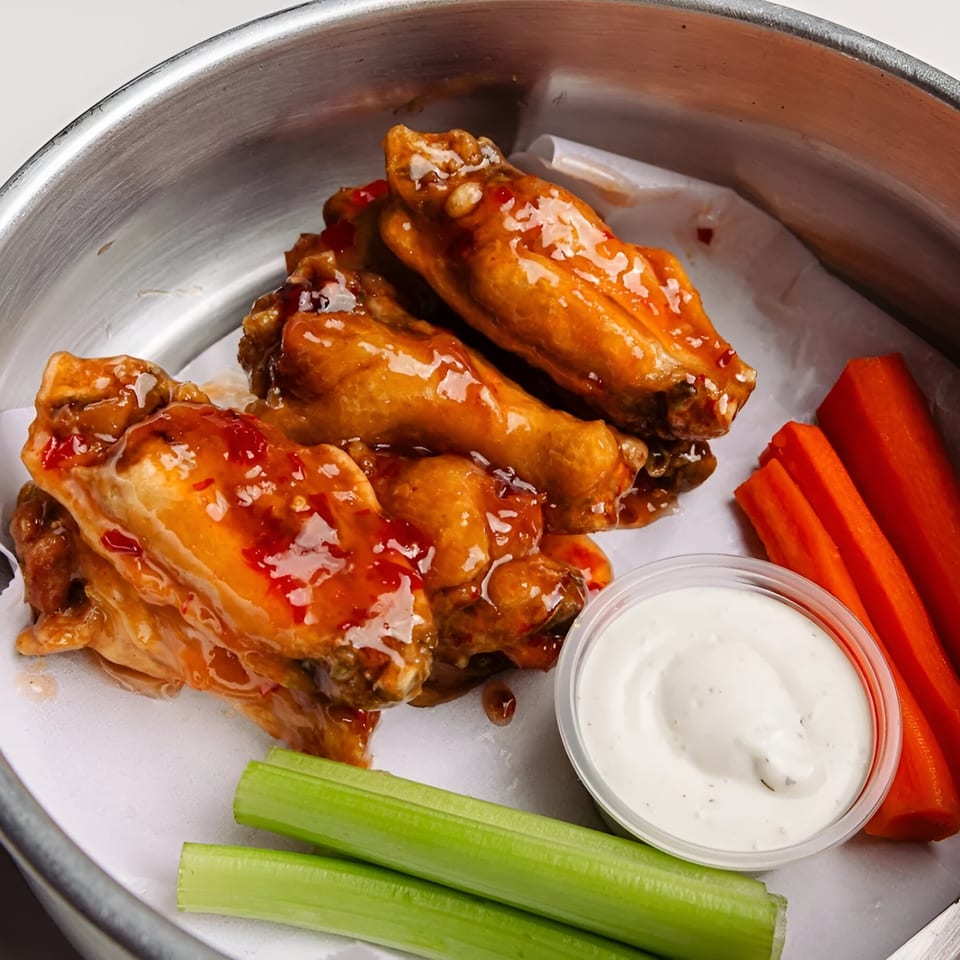 Sweet chili chicken wings in a metal pan with ranch, celery, and carrot sticks.