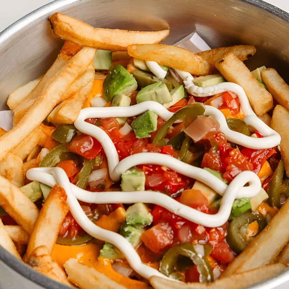 Tipsea's loaded fries with cheese, diced tomatoes, avocado, jalapeños, and white sauce.